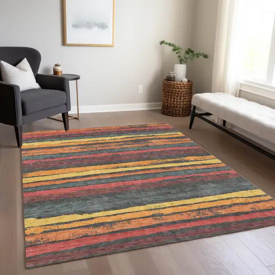 Granite Gray Copper And Yellow Striped Washable Indoor Outdoor Area Rug Photo 8
