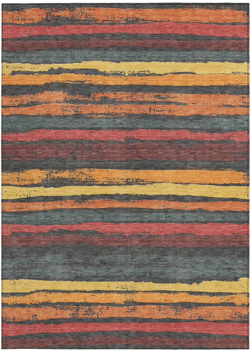 Granite Gray Copper And Yellow Striped Washable Indoor Outdoor Area Rug Photo 6