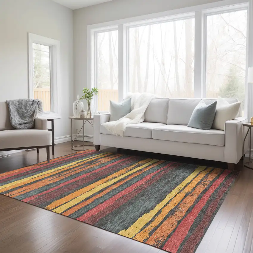 Granite Gray Copper And Yellow Striped Washable Indoor Outdoor Area Rug Photo 9