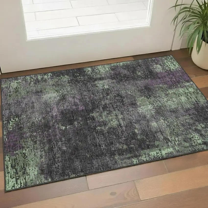 Granite Gray Green And Purple Abstract Washable Area Rug With UV Protection Photo 1
