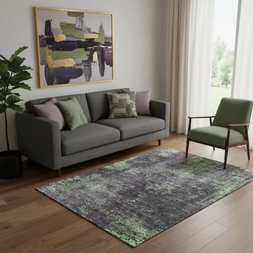 Granite Gray Green And Purple Abstract Washable Area Rug With UV Protection Photo 1