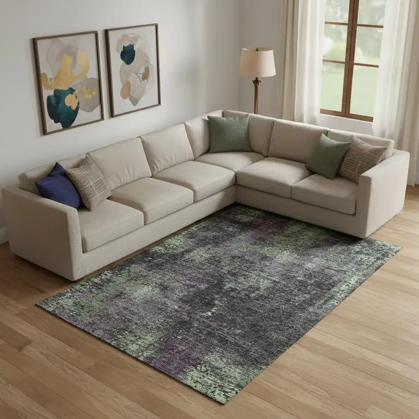 Granite Gray Green And Purple Abstract Washable Area Rug With UV Protection Photo 1