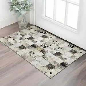 Photo of Granite Gray Ivory And Black Patchwork Washable Area Rug With UV Protection