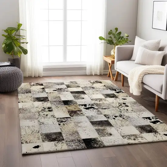 Black Granite Gray And Ivory Cowhide Print Washable Area Rug With UV Protection Photo 3