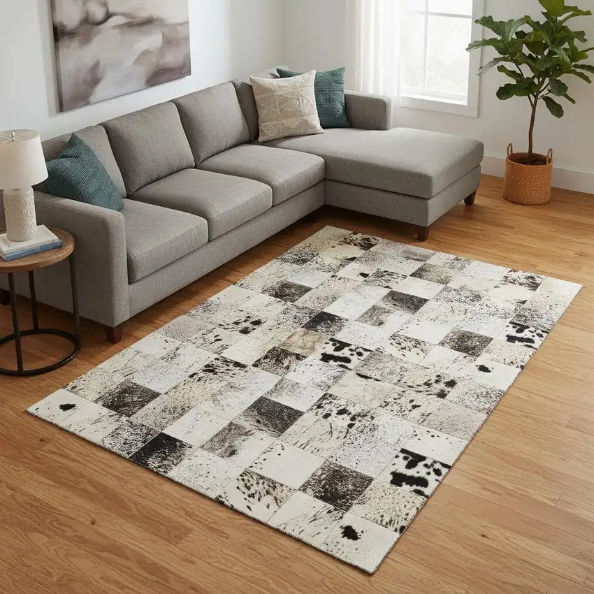 Granite Gray Ivory And Black Patchwork Washable Area Rug With UV Protection Photo 1