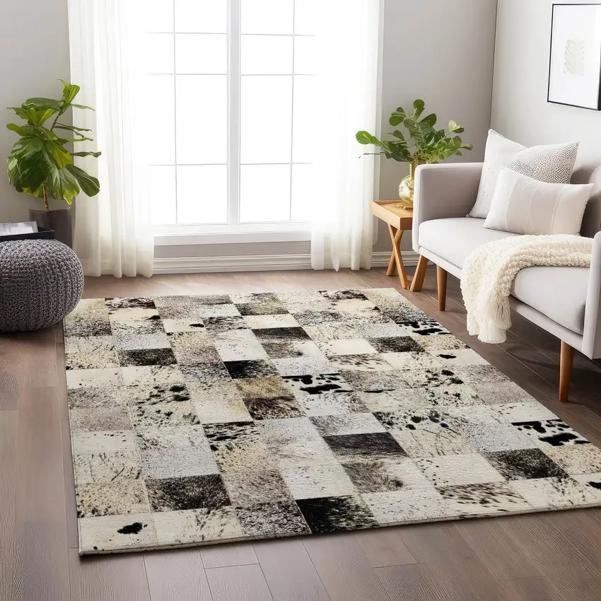 Granite Gray Ivory And Black Patchwork Washable Area Rug With UV Protection Photo 4