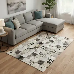 Photo of Granite Gray Ivory And Black Patchwork Washable Area Rug With UV Protection