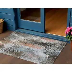 Photo of Granite Gray Ivory And Coral Abstract Washable Indoor Outdoor Area Rug