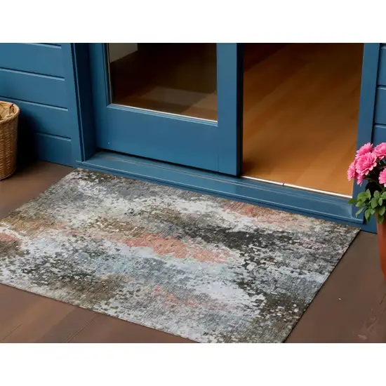 Granite Gray Ivory And Coral Abstract Washable Indoor Outdoor Area Rug Photo 1