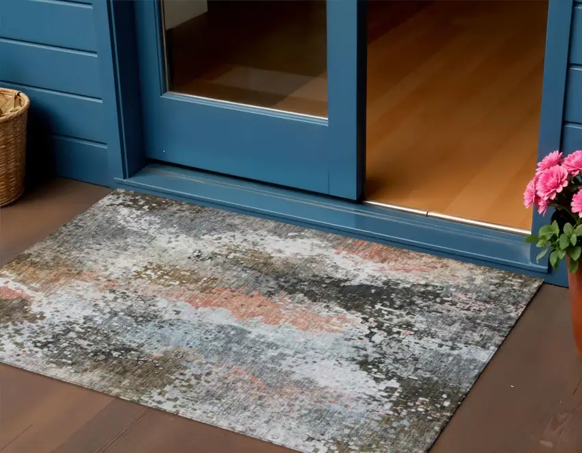 Granite Gray Ivory And Coral Abstract Washable Indoor Outdoor Area Rug Photo 1