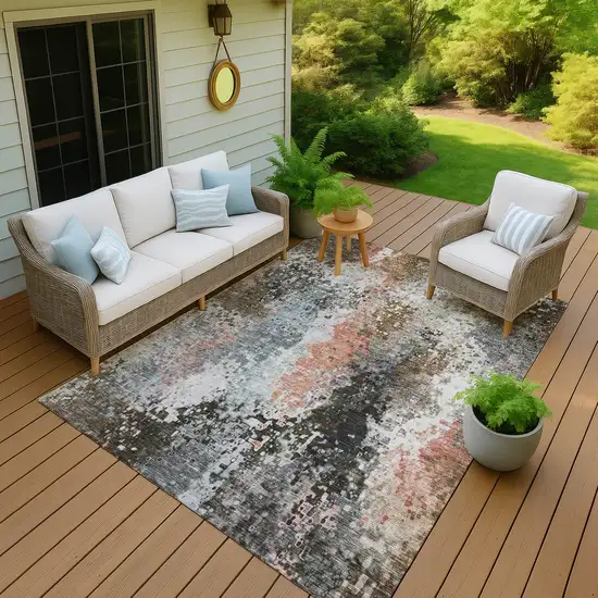 Granite Gray Ivory And Coral Abstract Washable Indoor Outdoor Area Rug Photo 7