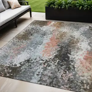 Photo of Granite Gray Ivory And Coral Abstract Washable Indoor Outdoor Area Rug