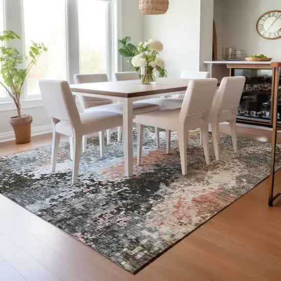 Granite Gray Ivory And Coral Abstract Washable Indoor Outdoor Area Rug Photo 9