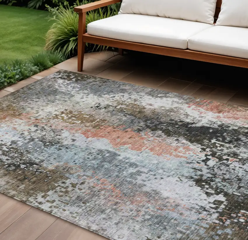 Granite Gray Ivory And Coral Abstract Washable Indoor Outdoor Area Rug Photo 1