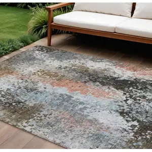 Photo of Granite Gray Ivory And Coral Abstract Washable Indoor Outdoor Area Rug