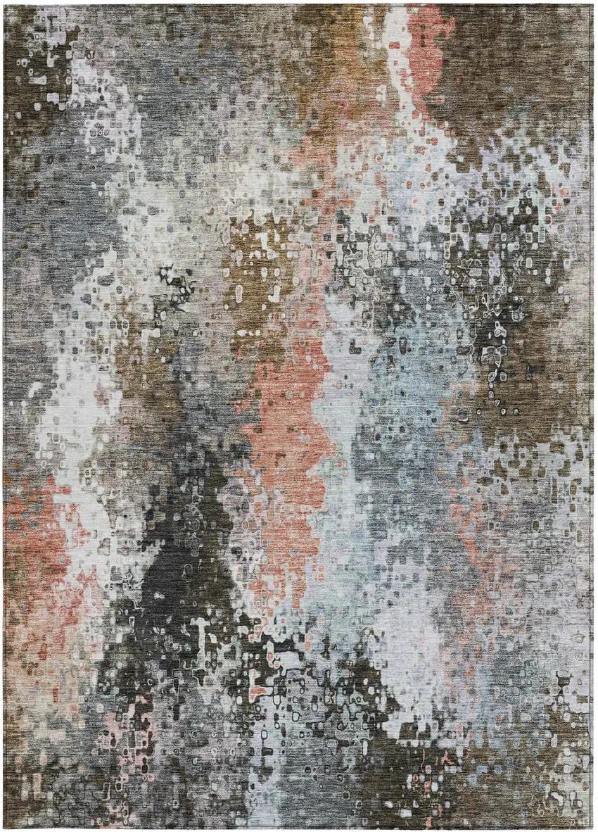 Granite Gray Ivory And Coral Abstract Washable Indoor Outdoor Area Rug Photo 4