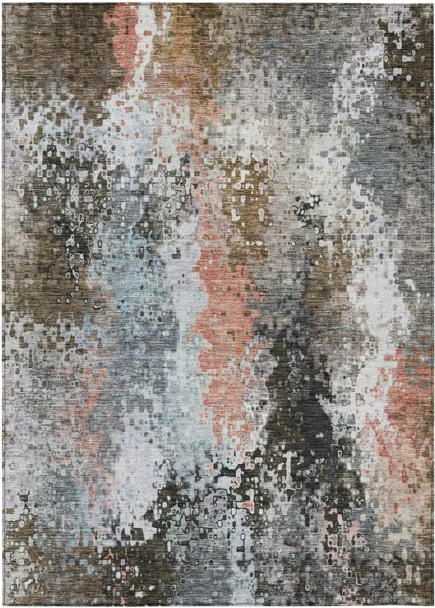 Granite Gray Ivory And Coral Abstract Washable Indoor Outdoor Area Rug Photo 2