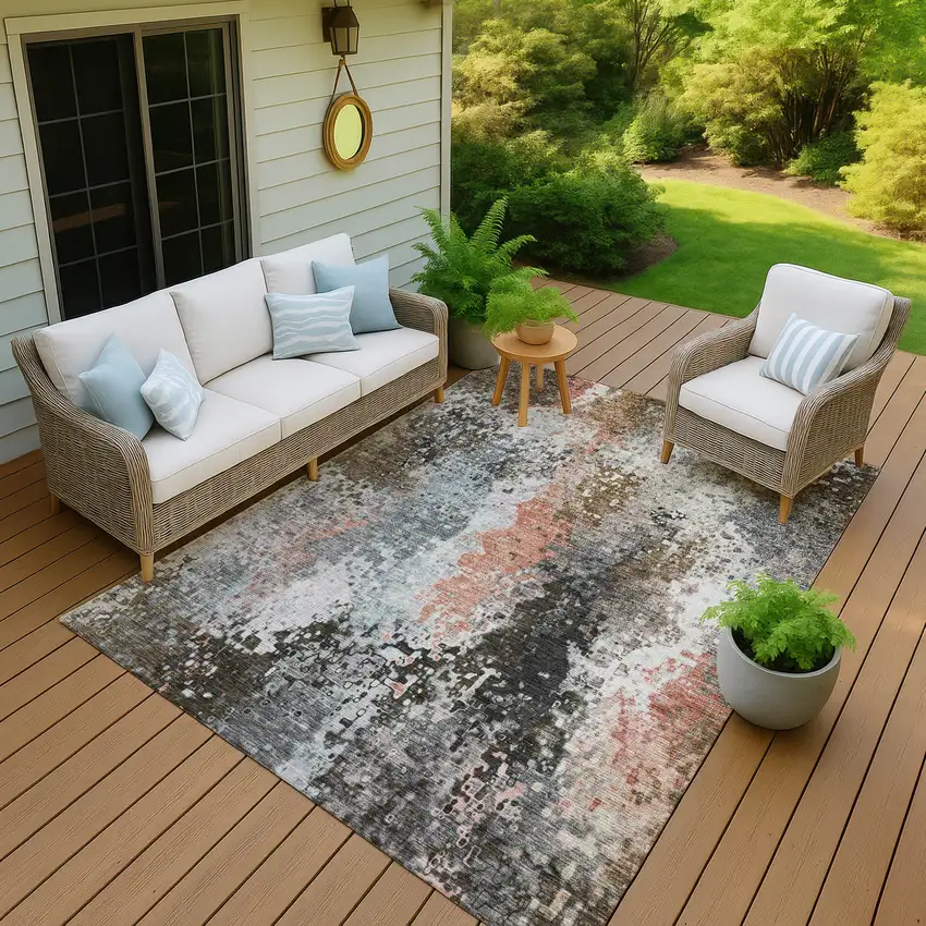 Granite Gray Ivory And Coral Abstract Washable Indoor Outdoor Area Rug Photo 7