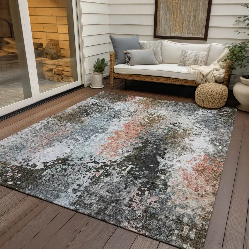 Granite Gray Ivory And Coral Abstract Washable Indoor Outdoor Area Rug Photo 9