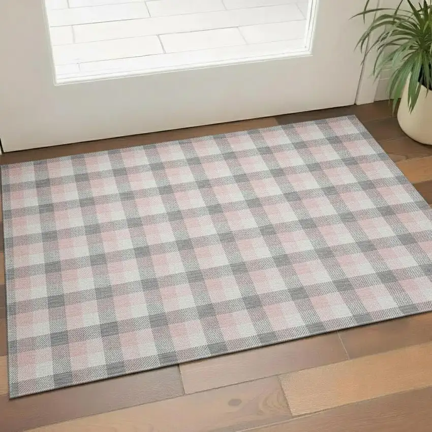Granite Gray Ivory And Pink Plaid Washable Area Rug With UV Protection Photo 2