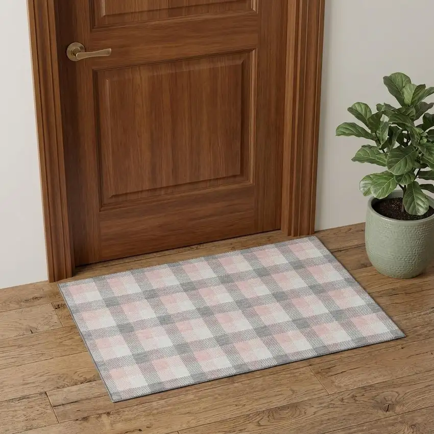 Granite Gray Ivory And Pink Plaid Washable Area Rug With UV Protection Photo 1