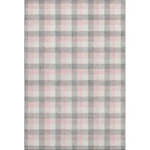 Photo of Granite Gray Ivory And Pink Plaid Washable Area Rug With UV Protection