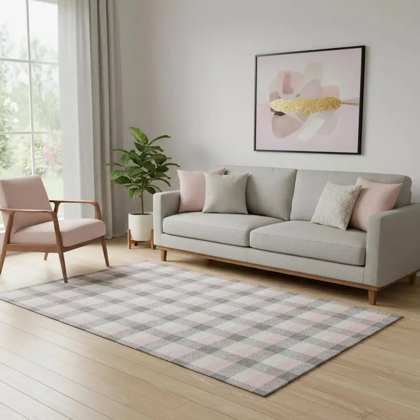 Granite Gray Ivory And Pink Plaid Washable Area Rug With UV Protection Photo 2