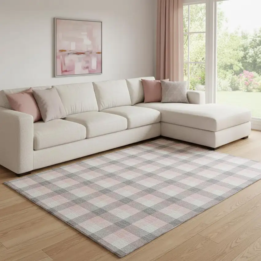 Granite Gray Ivory And Pink Plaid Washable Area Rug With UV Protection Photo 2