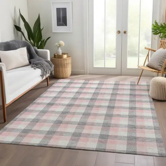 Granite Gray Ivory And Pink Plaid Washable Area Rug With UV Protection Photo 5