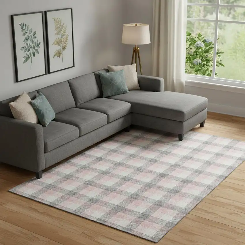 Granite Gray Ivory And Pink Plaid Washable Area Rug With UV Protection Photo 2