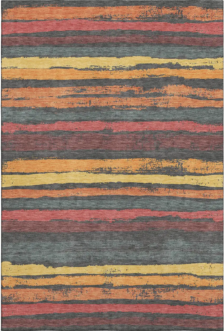 Granite Gray Salmon And Yellow Striped Washable Area Rug With UV Protection Photo 1