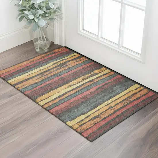 Granite Gray Salmon And Yellow Striped Washable Area Rug With UV Protection Photo 2