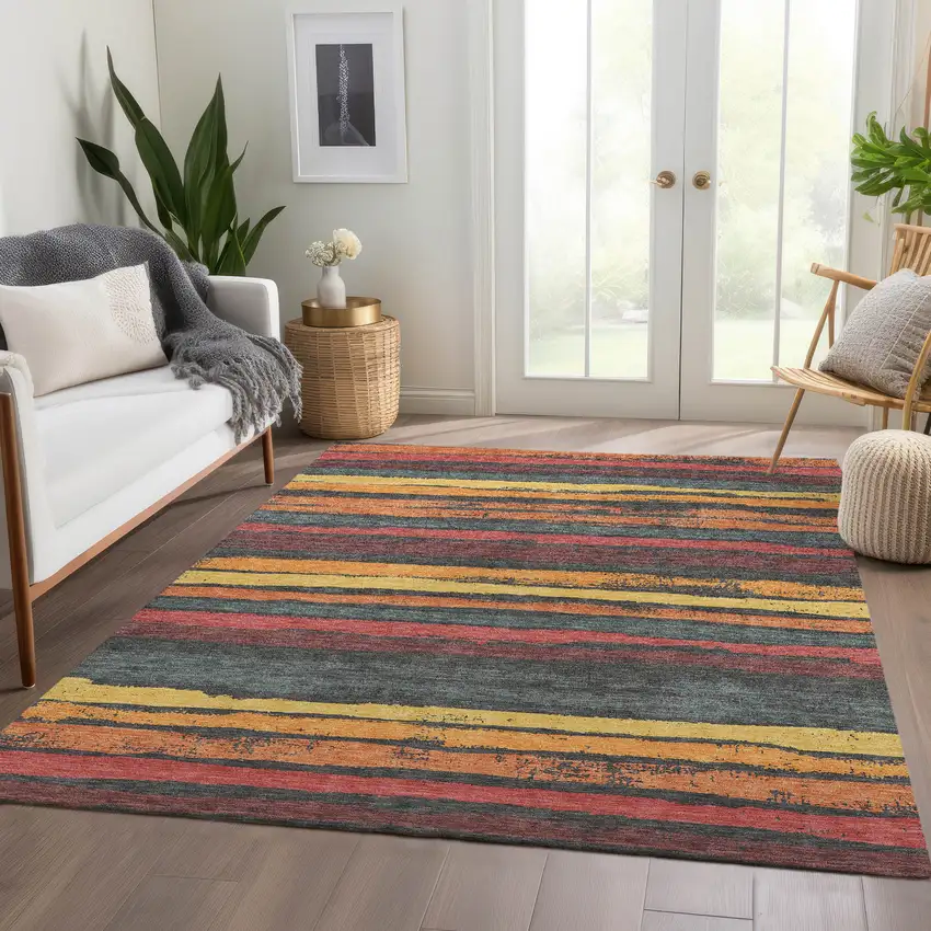 Granite Gray Salmon And Yellow Striped Washable Area Rug With UV Protection Photo 5