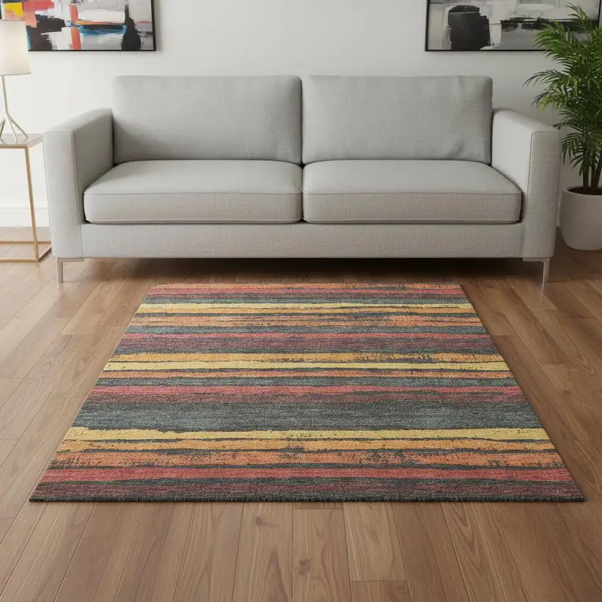 Granite Gray Salmon And Yellow Striped Washable Area Rug With UV Protection Photo 2