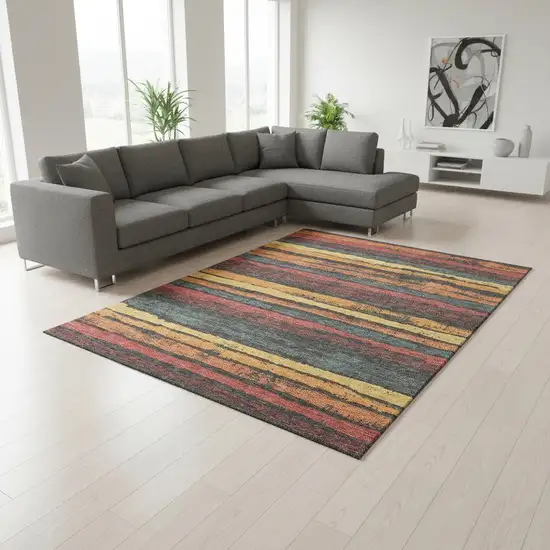 Granite Gray Salmon And Yellow Striped Washable Area Rug With UV Protection Photo 2