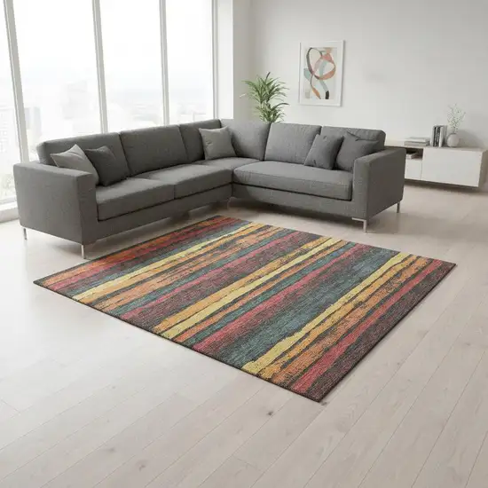 Granite Gray Salmon And Yellow Striped Washable Area Rug With UV Protection Photo 2