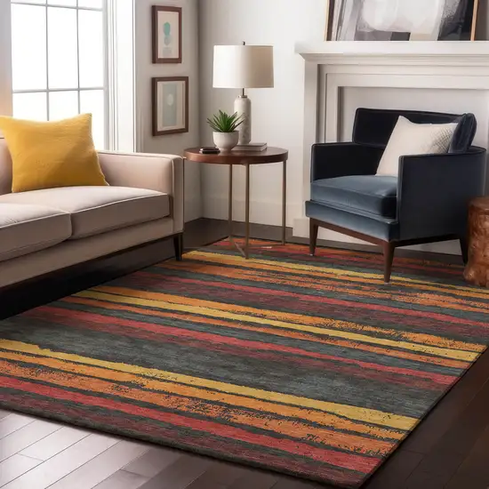 Granite Gray Salmon And Yellow Striped Washable Area Rug With UV Protection Photo 4