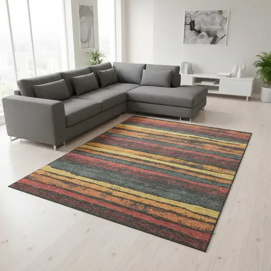 Granite Gray Salmon And Yellow Striped Washable Area Rug With UV Protection Photo 2