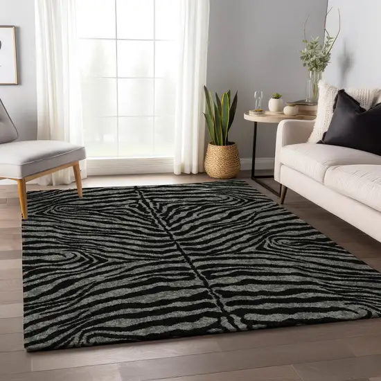 Graphite And Black Zebra Print Washable Indoor Outdoor Area Rug Photo 7
