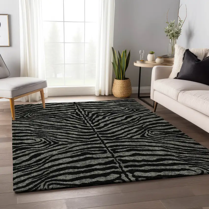 Graphite And Black Zebra Print Washable Indoor Outdoor Area Rug Photo 7