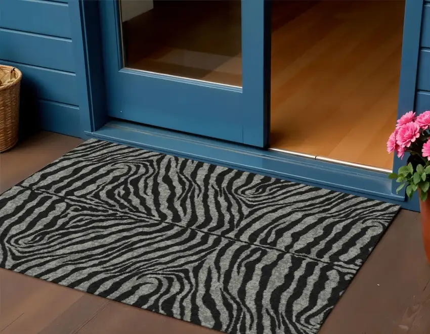Graphite And Black Zebra Print Washable Indoor Outdoor Area Rug Photo 1