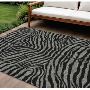 Photo of Graphite And Black Zebra Print Washable Indoor Outdoor Area Rug