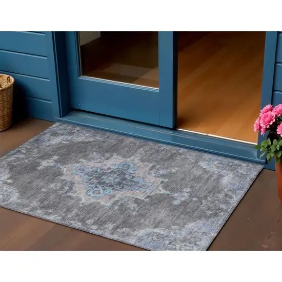 Graphite And Blue Medallion Washable Indoor Outdoor Area Rug Photo 1