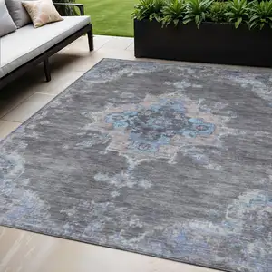 Photo of Graphite And Blue Medallion Washable Indoor Outdoor Area Rug