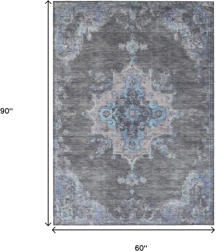 Graphite And Blue Medallion Washable Indoor Outdoor Area Rug Photo 3