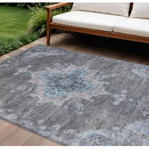 Photo of Graphite And Blue Medallion Washable Indoor Outdoor Area Rug