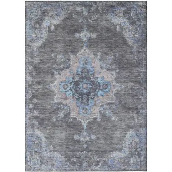 Graphite And Blue Medallion Washable Indoor Outdoor Area Rug Photo 2