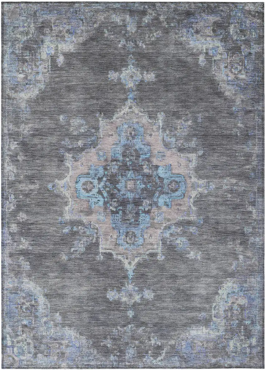 Graphite And Blue Medallion Washable Indoor Outdoor Area Rug Photo 2