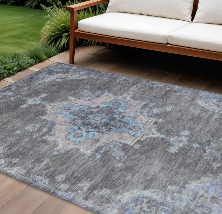 Graphite And Blue Medallion Washable Indoor Outdoor Area Rug Photo 1