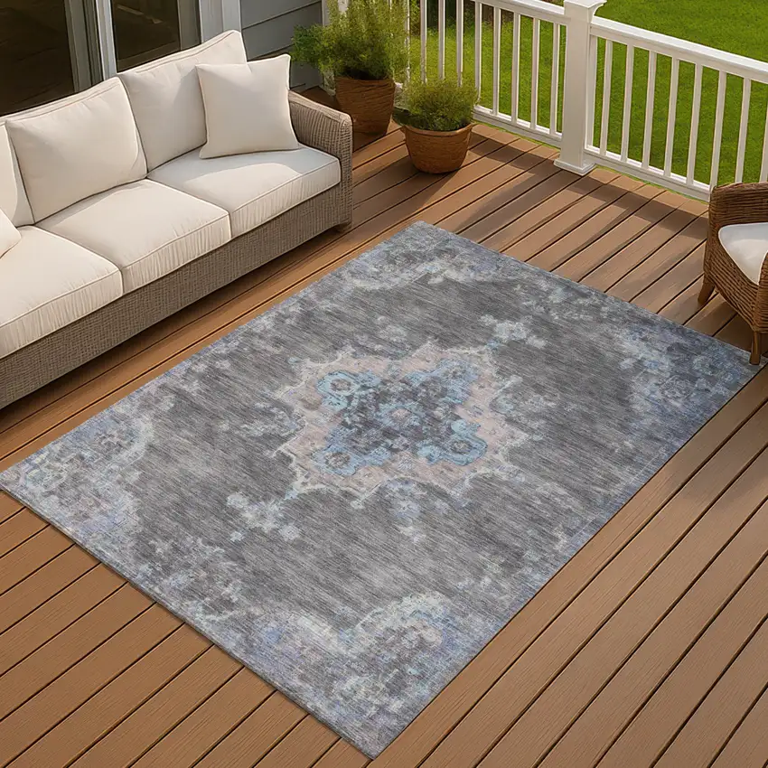 Graphite And Blue Medallion Washable Indoor Outdoor Area Rug Photo 9